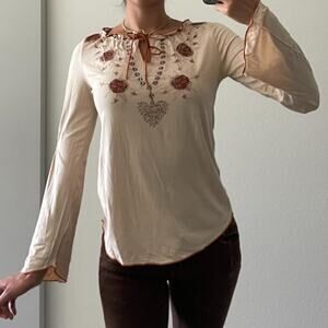 Cream Printed Vintage Long Sleeve Blouse